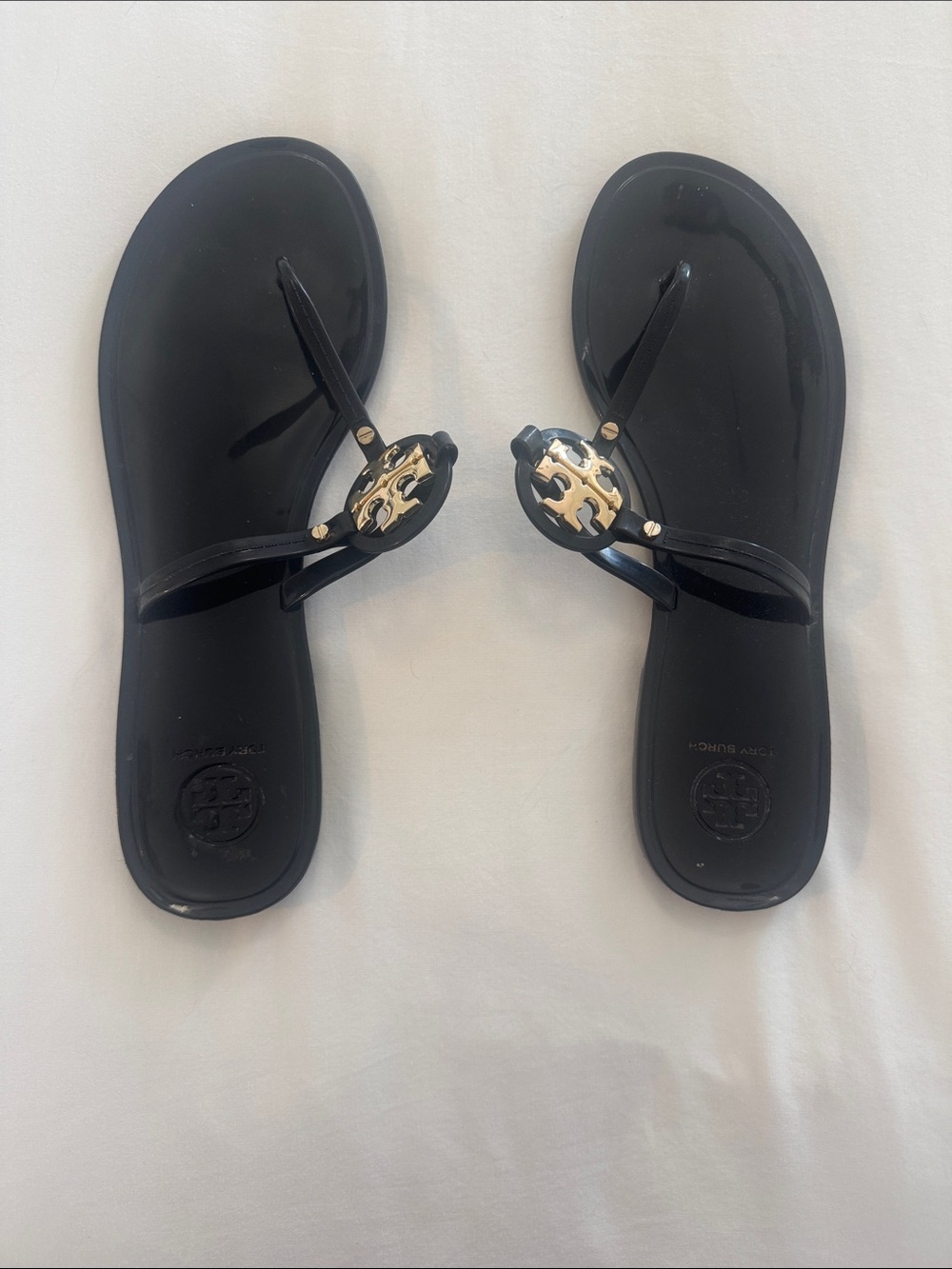 Tory Burch Black Jelly Thong Sandals with Gold Logo